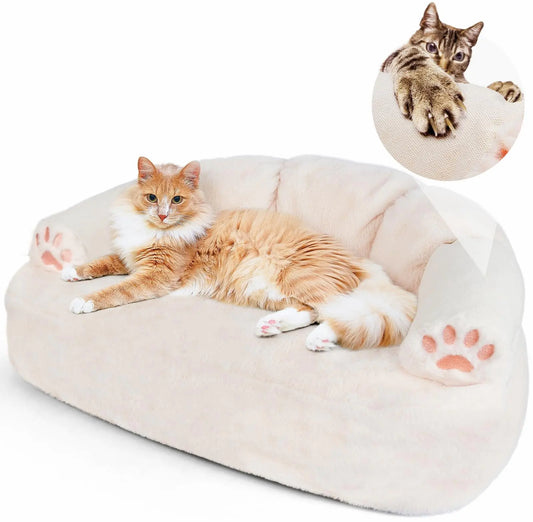 Cat Couch Bed for Pet Cat Beds for Indoor Cats with Cat Scartcher Armrest & Water Resistant Lining Fluffy Pet Bed for Small Dogs & Cats Up to 25lbs Washable Dog Couch Cat Sofa with Non-Slip Bottom