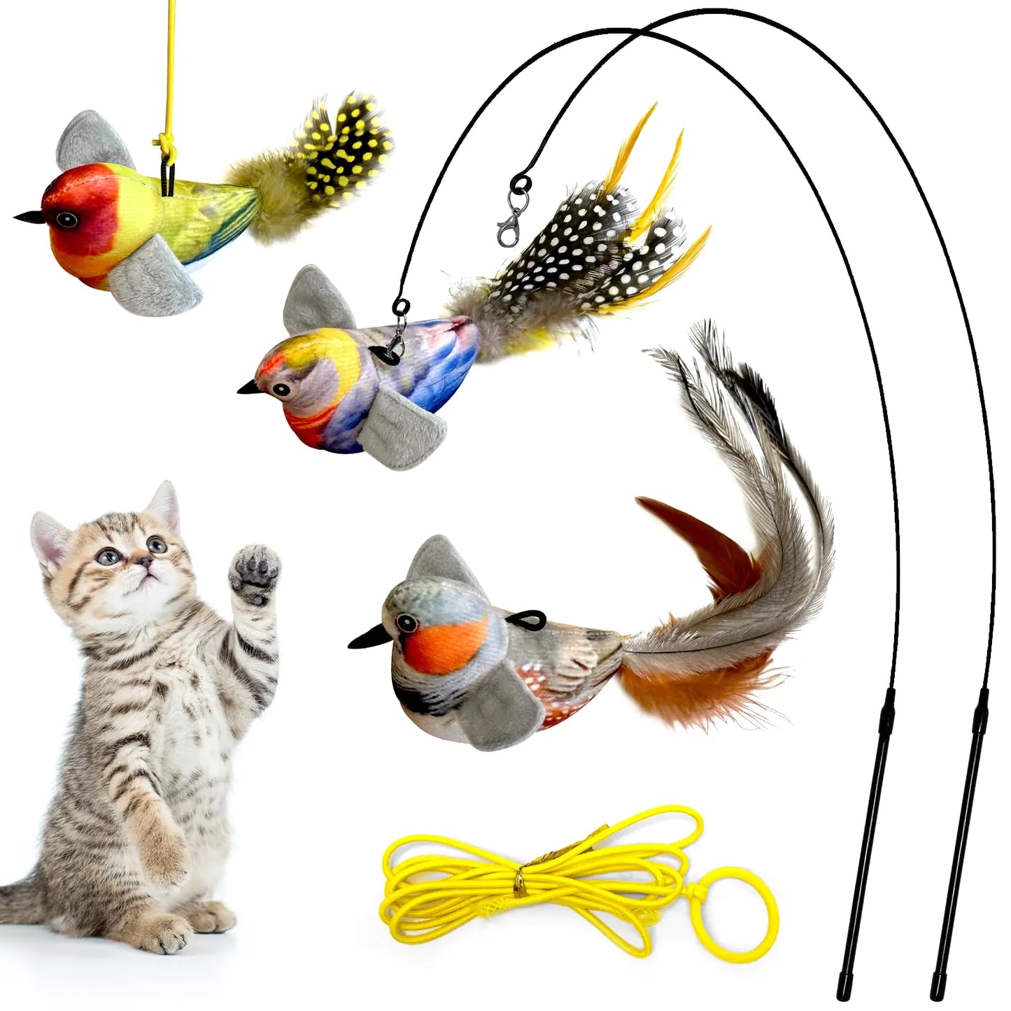 CANMAILK Cat Toys Interactive Cat Toys Set Simulated Bird Sound Interactive Feather Toys Bird Cat Toys for Indoor Cats Teaser Play and Chase Exercise