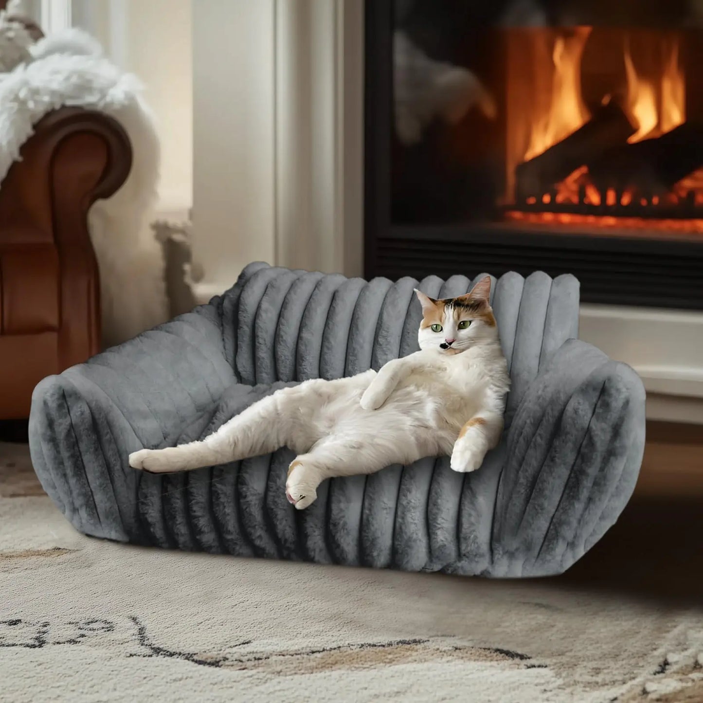 VelvetVines Cat Couch Bed for Pets 24IN Cat Beds with Premium Soft Corduroy Fleece Cute Waterproof Cat Sofa with Cotton for Small Medium Dogs & Kittens with Removable Washable Cover (Warm Grey)