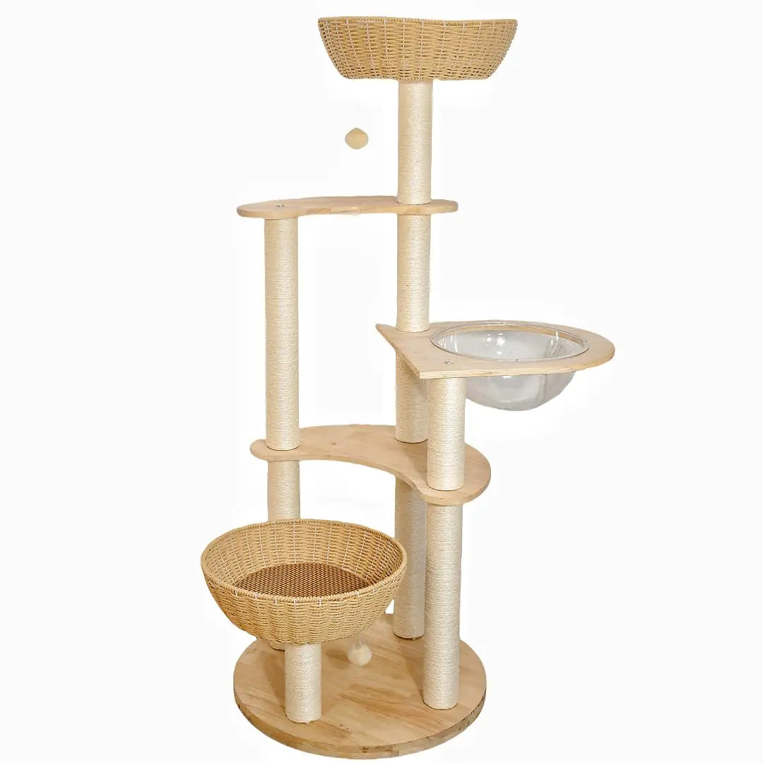 Rattan Modern Cat Tree Tower for Indoor Large Cats 54” Deluxe Oak Solid Wood Cat Tree Condo 2 Braided and 1 Clear Hemisphere Cat Beds + Washable Cool Cushion Sisal Scratching Post Cat Lovers Gift