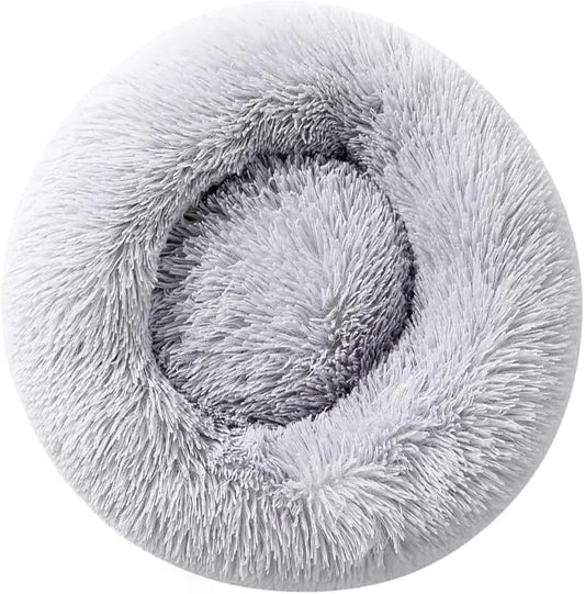 Cat Beds for Indoor Cats Dog Bed Machine Washable Fluffy Round Pet Bed Non-Slip Calming Soft Plush Donut Cuddler Cushion Self Warming for 5Kg Small Dogs Light Grey