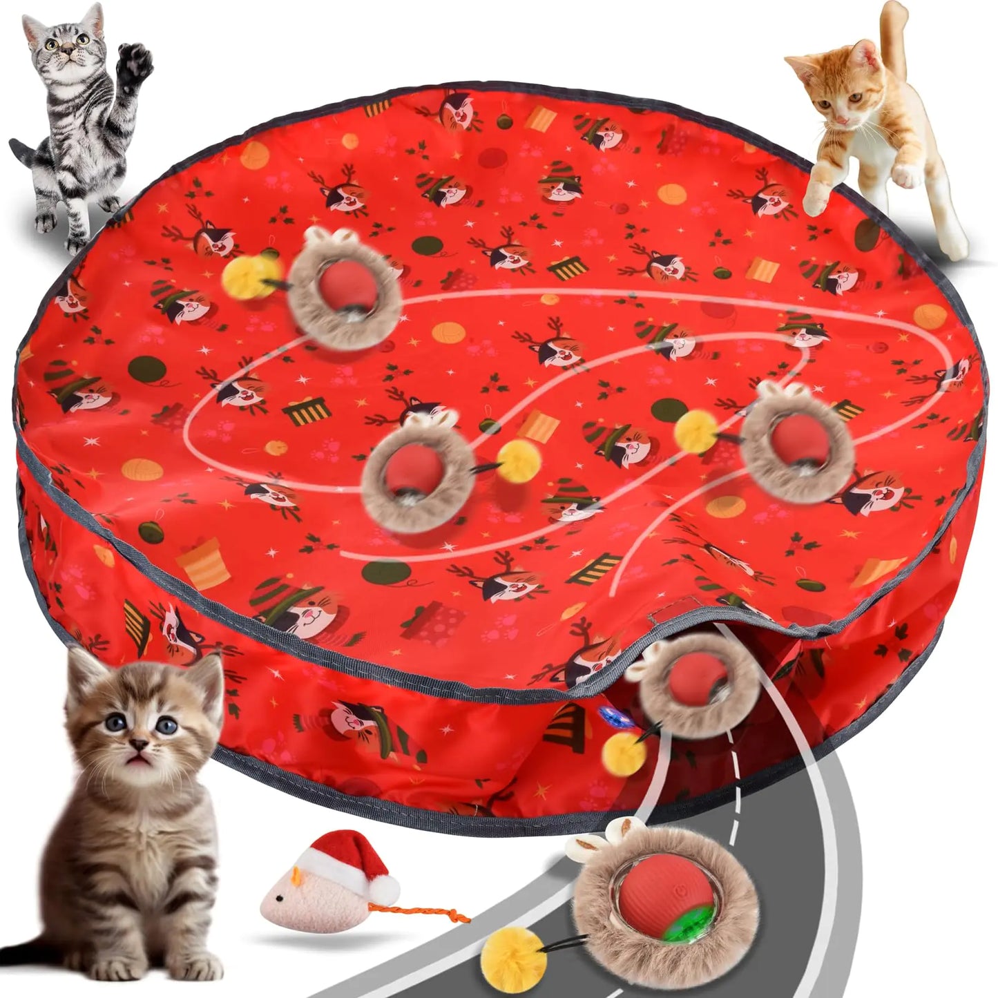 MELTING WOOD Interactive Cat Toys for Indoor Cats Interactive Cat Toys Ball Fast Rolling in Pouch Motion Activated Cat Toy Cat Mat ToyHide and Seek Cat Toy (Red Hunting Cover)