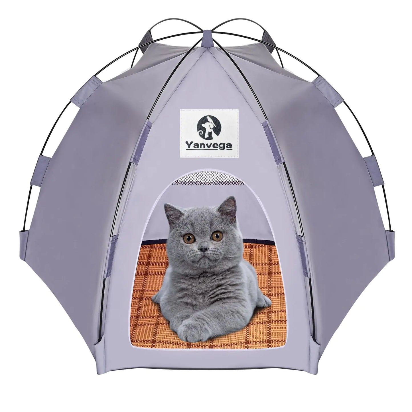 Yanvega Cat Tent Cat Beds for Indoor Cats Pet Supplies 23.6" × 23.6" × 16.8" Cat Pop Up Tent Collapsible Cat House Cat Cave Outdoor No Assemble Required High Elastic Frame with Ground Nail （Gray）