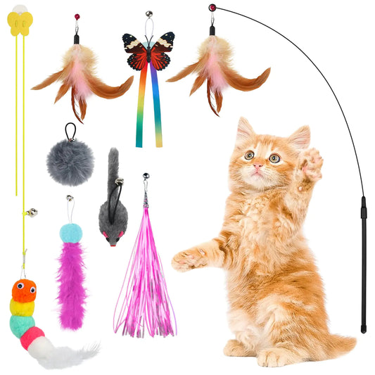 QUOZUO Interactive Cat Toys Cat Teaser Wand Set and Hanging Cat Door Toys with 8pcs Cat Feather Replacement Toys Mice Cat Toys Kitten Toys for Indoor