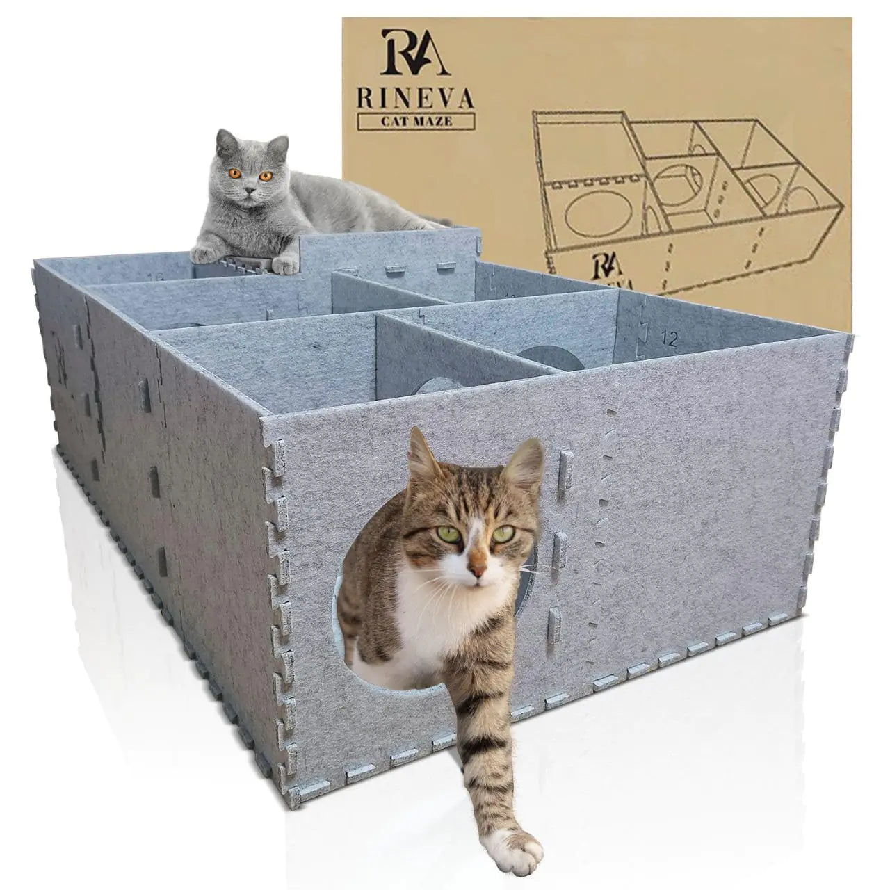 RINEVA Cat Beds for Indoor Cats - Large Cat Cave for Pet House with Tunnel Interactive Hideaway Maze and Cozy Soft Felt Toy for Animals Activity. 38×24×12 inch Gray