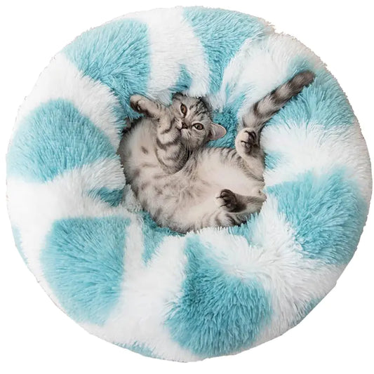 3 One PetZ Cat Beds for Indoor Cats Dog Bed Cat Bed Machine Washable Fluffy Round Pet Bed Non-Slip Autumn and Winter Warmth Cuddler Cushion Self Warming (Plaid Sky Blue 48 inch)