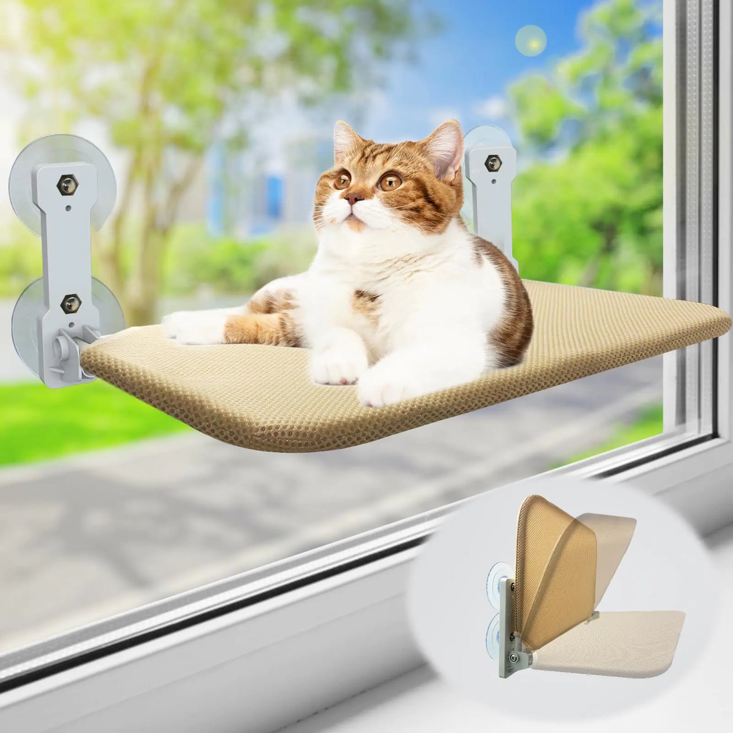 Foldable Cat Window Perch Cordless Cat Window Hammock with 4 Strong Suction Cups Window Cat Beds for Indoor Cats Inside Large Cats Window Seat Windowsill Safety with Sturdy Metal Frame Soft Cover