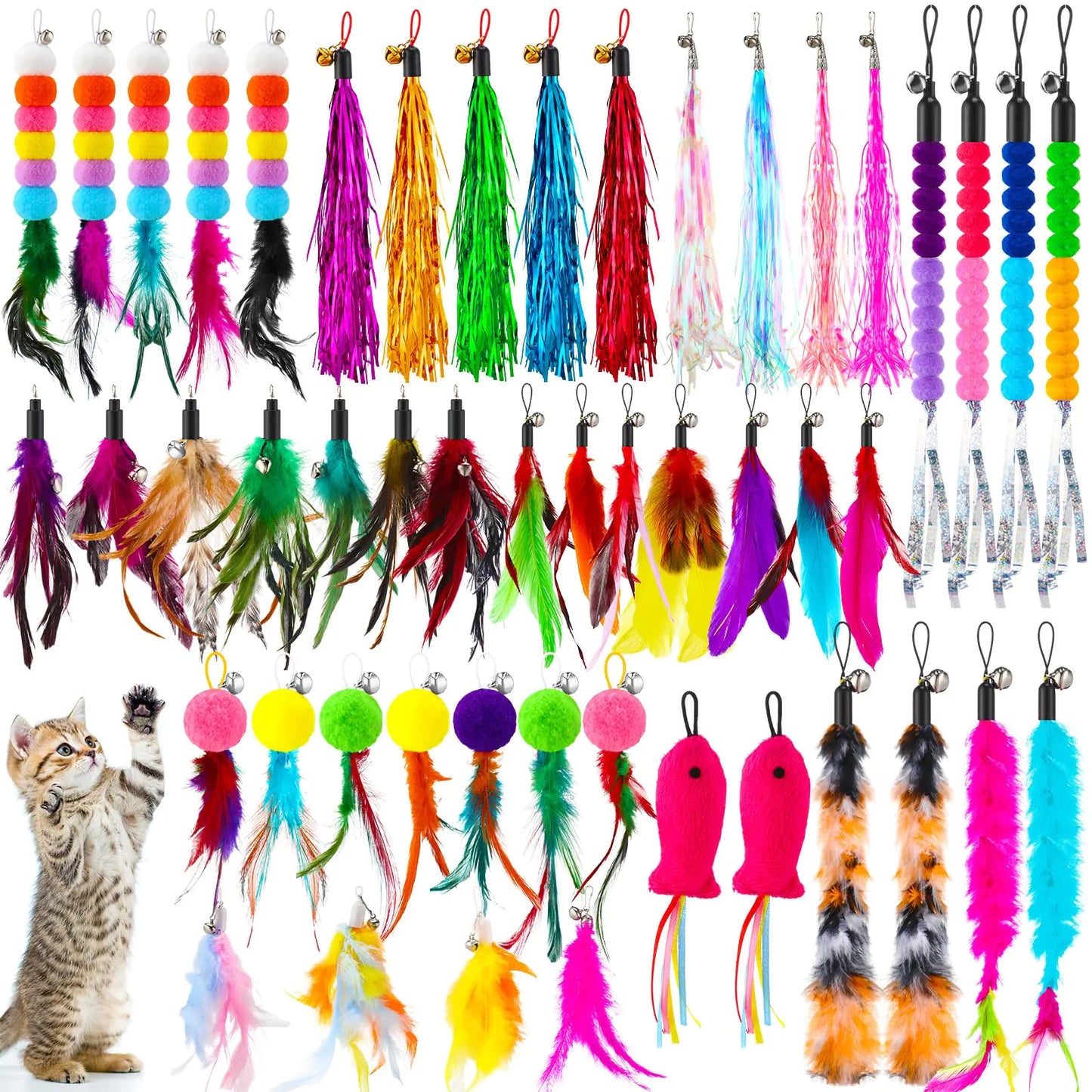 Cosblank 50 Pcs Cat Feather Toys Refill Cat Wand Replacement Feathers Replacement Refills with Bells Cat Toy Feather Refills Cat Wand Attachments Feathers Interactive Cat Toys for Cat Toys