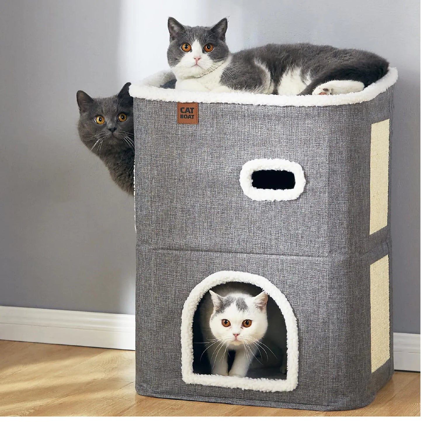 CATBOAT 2-Storey Cat House for Indoor Cats Bed Covered Cat Beds & Furniture with Scratch Pad and Hideaway Cave Cute Modern Cat Condo for Multi Small Pet Large Kitten Kitty Grey